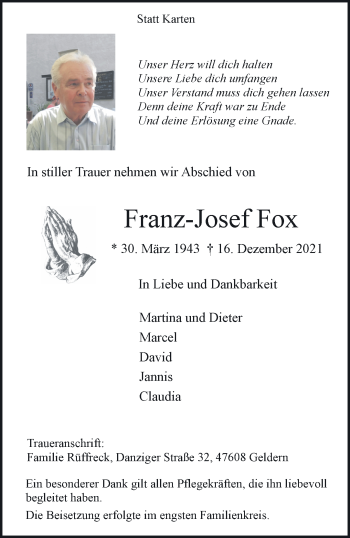 Traueranzeige von Franz-Josef Fox 
