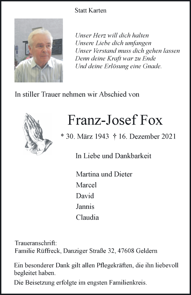  Traueranzeige für Franz-Josef Fox vom 31.12.2021 aus 