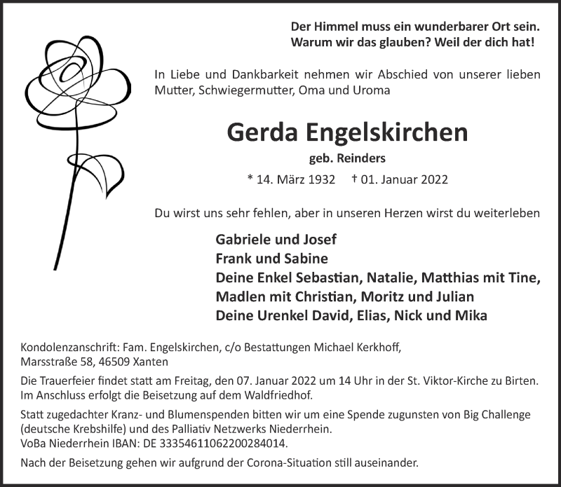  Traueranzeige für Gerda Engelskirchen vom 05.01.2022 aus 