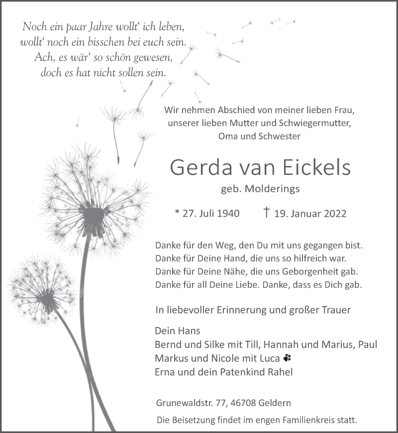  Traueranzeige für Gerda van Eickels vom 29.01.2022 aus 