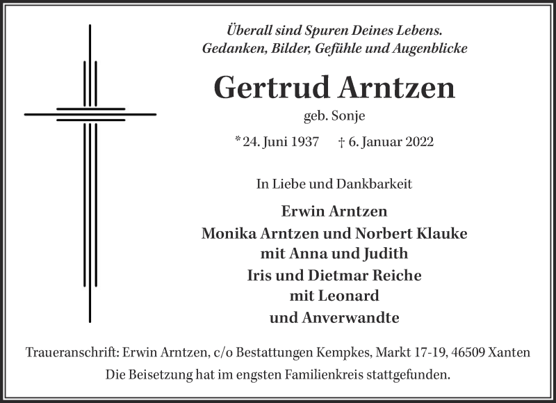  Traueranzeige für Gertrud Arntzen vom 26.01.2022 aus 