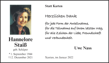 Traueranzeige von Hannelore Staiß 