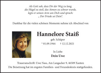 Traueranzeige von Hannelore Staiß 