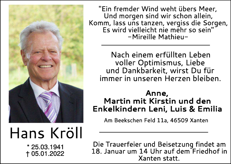  Traueranzeige für Hans Kröll vom 12.01.2022 aus 