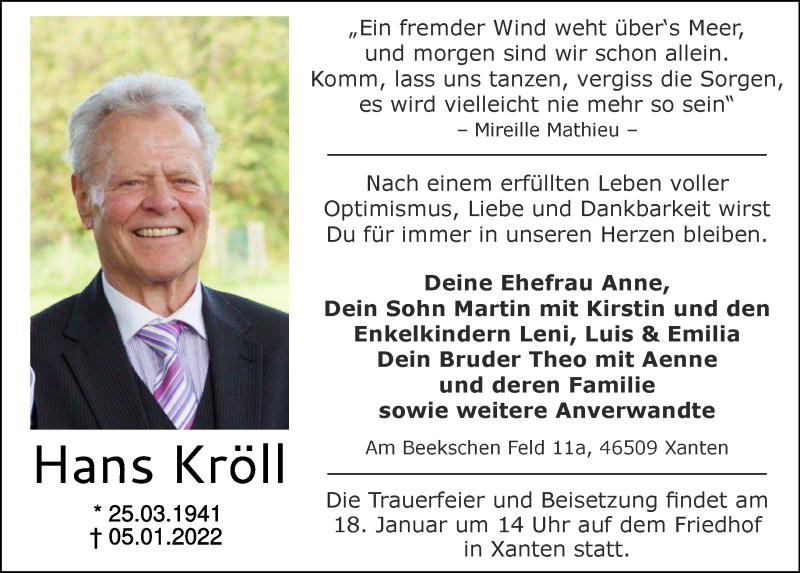  Traueranzeige für Hans Kröll vom 15.01.2022 aus 