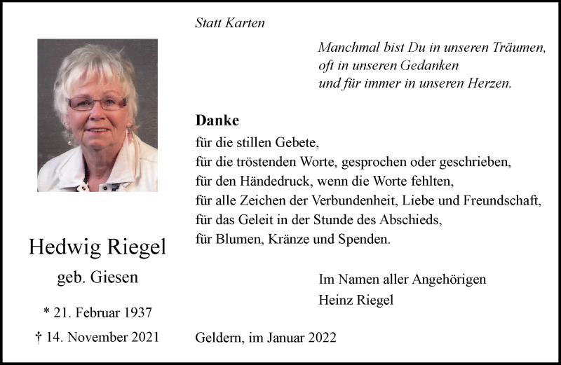  Traueranzeige für Hedwig Riegel vom 08.01.2022 aus 