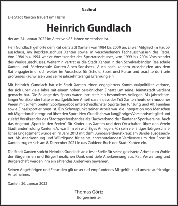 Traueranzeige von Heinrich Gundlach 