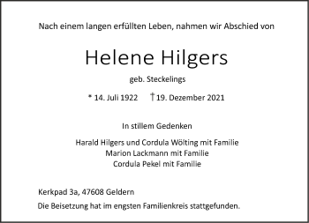 Traueranzeige von Helene Hilgers 