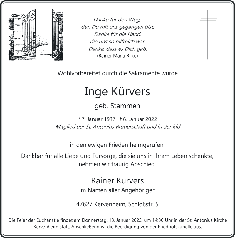  Traueranzeige für Inge Kürvers vom 12.01.2022 aus 