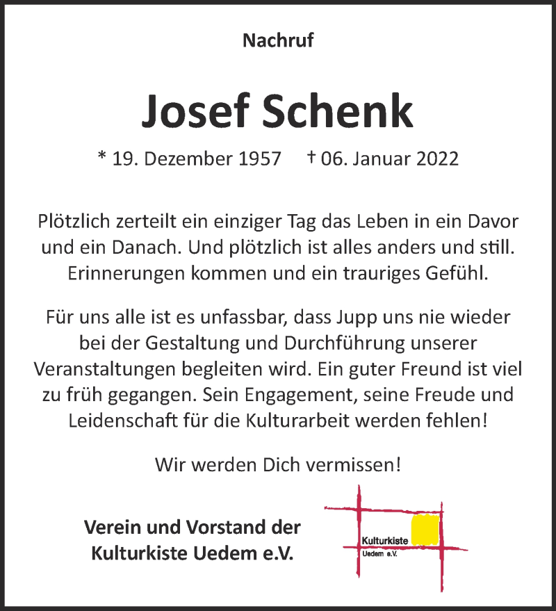  Traueranzeige für Josef Schenk vom 15.01.2022 aus 