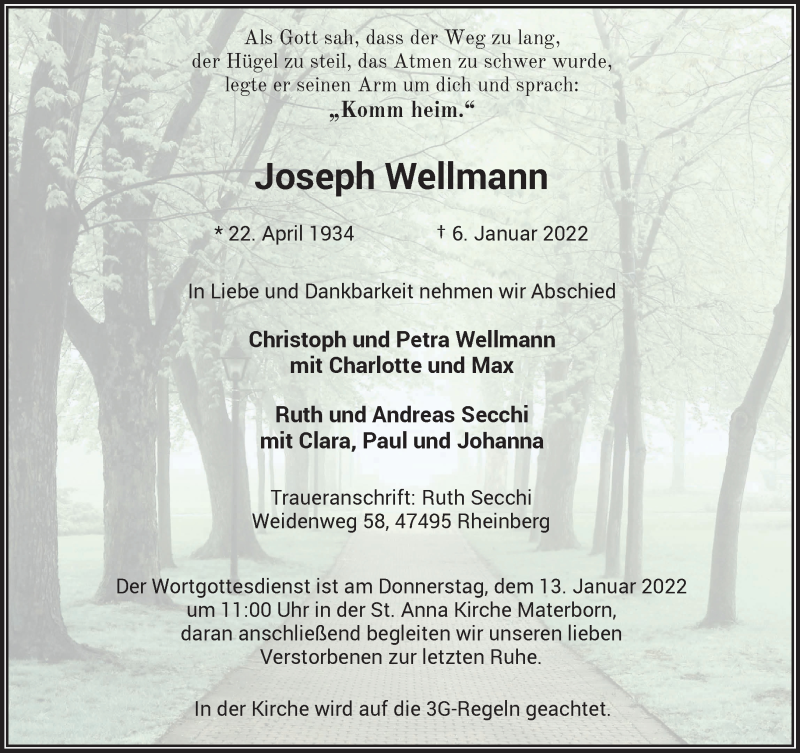  Traueranzeige für Joseph Wellmann vom 12.01.2022 aus 
