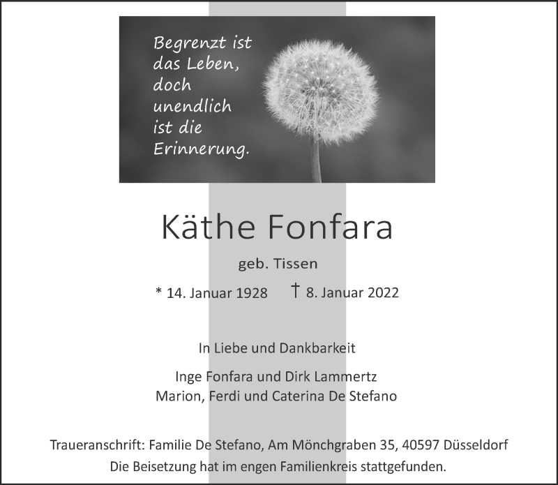  Traueranzeige für Käthe Fonfara vom 22.01.2022 aus 