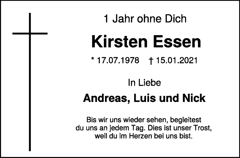  Traueranzeige für Kirsten Essen vom 15.01.2022 aus 