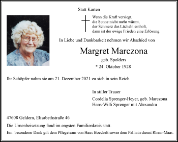 Traueranzeige von Margret Marczona 
