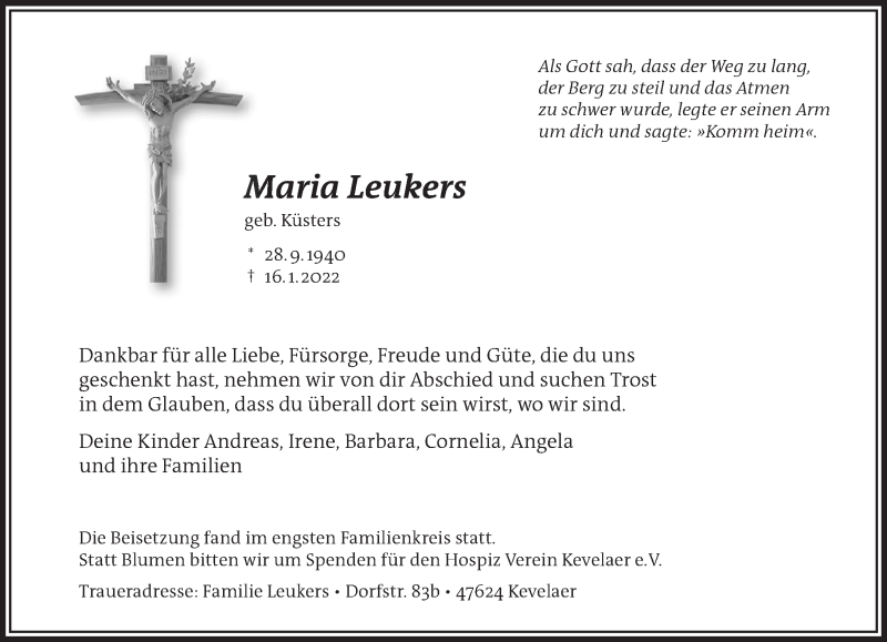  Traueranzeige für Maria Leukers vom 22.01.2022 aus 