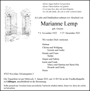 Traueranzeige von Marianne Lemp 