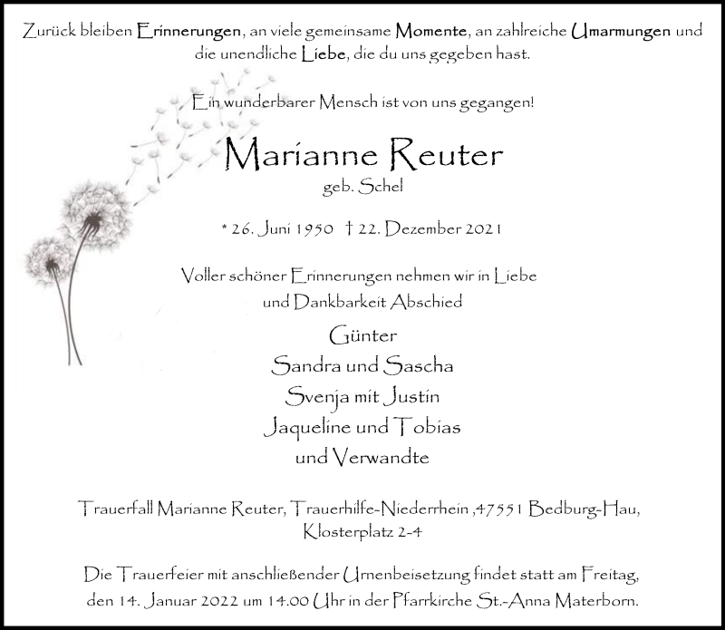  Traueranzeige für Marianne Reuter vom 08.01.2022 aus 