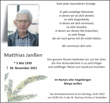Traueranzeige von Matthias Janßen 