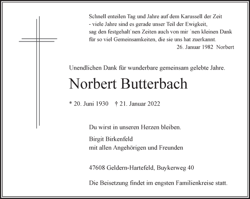  Traueranzeige für Norbert Butterbach vom 29.01.2022 aus 