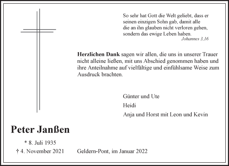  Traueranzeige für Peter Janßen vom 05.01.2022 aus 