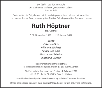 Traueranzeige von Ruth Höptner 