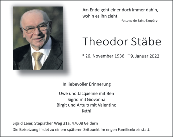 Traueranzeige von Theodor Stäbe 