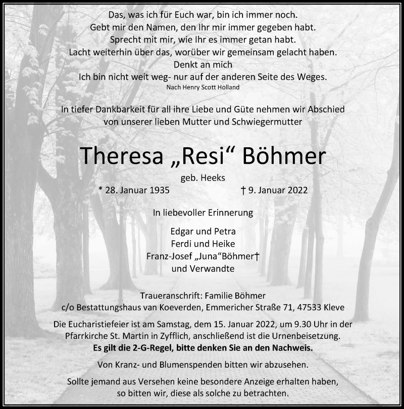  Traueranzeige für Theresa Böhmer vom 12.01.2022 aus 