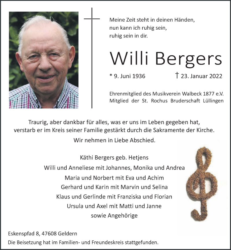  Traueranzeige für Willi Bergers vom 29.01.2022 aus 