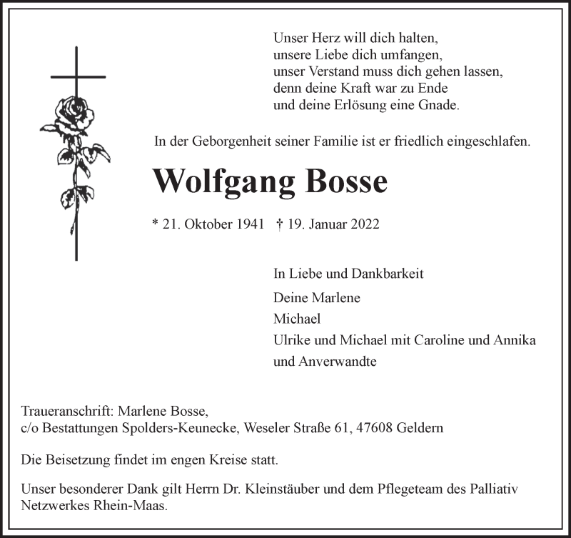  Traueranzeige für Wolfgang Bosse vom 22.01.2022 aus 