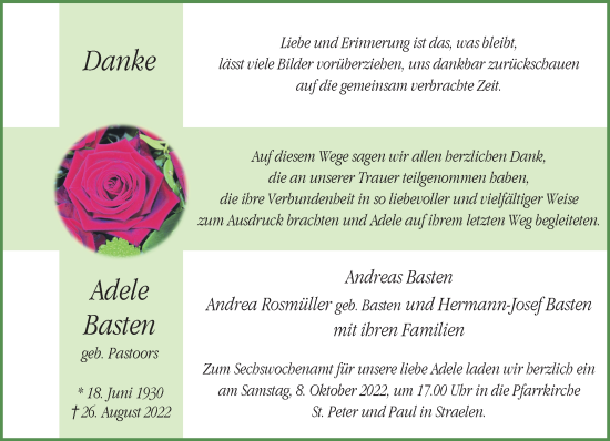 Traueranzeige von Adele Basten 