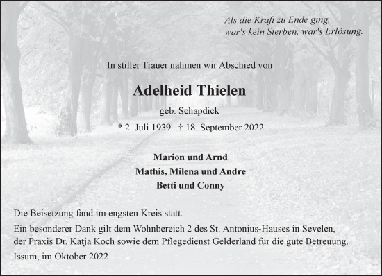 Traueranzeige von Adelheid Thielen 