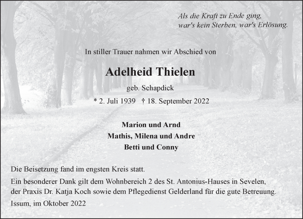  Traueranzeige für Adelheid Thielen vom 08.10.2022 aus 