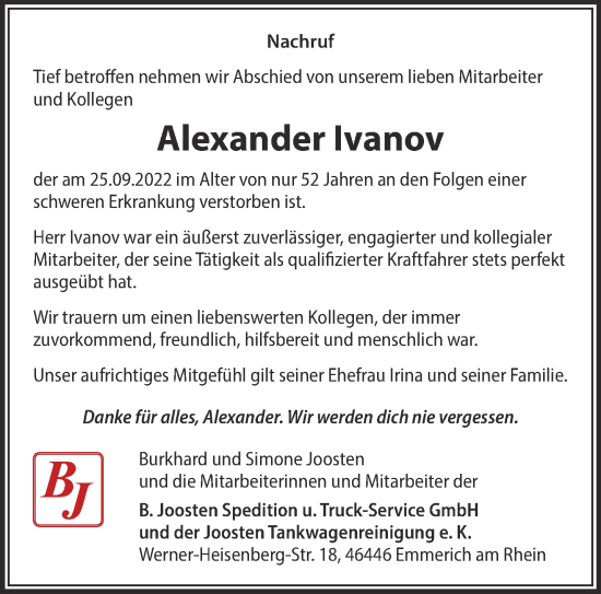 Traueranzeige von Alexander Ivanov 