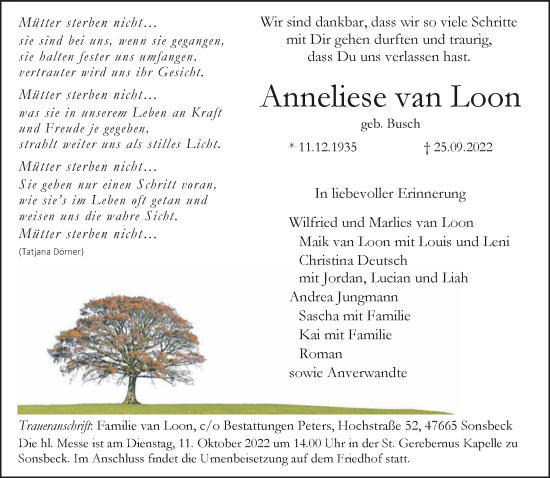 Traueranzeige von Anneliese van Loon 