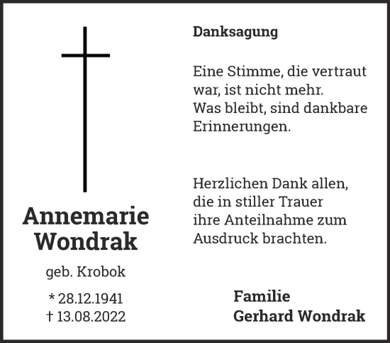 Traueranzeige von Annemarie Wondrak 