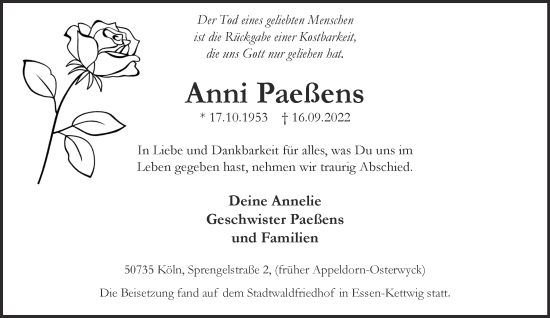 Traueranzeige von Anni Paeßens 