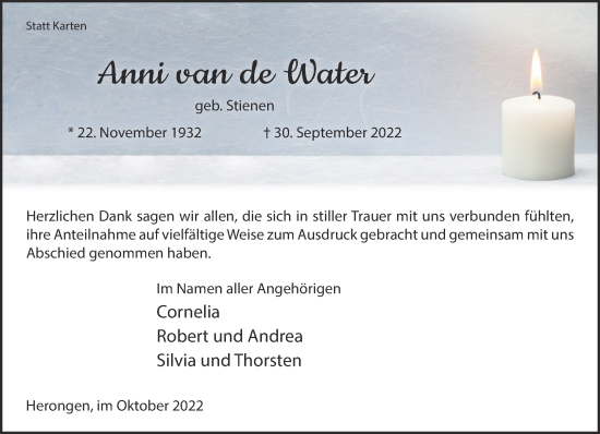 Traueranzeige von Anni van de Water 