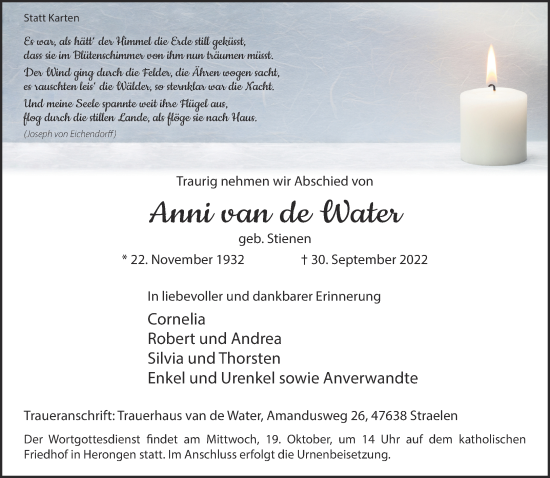 Traueranzeige von Anni van de Water 