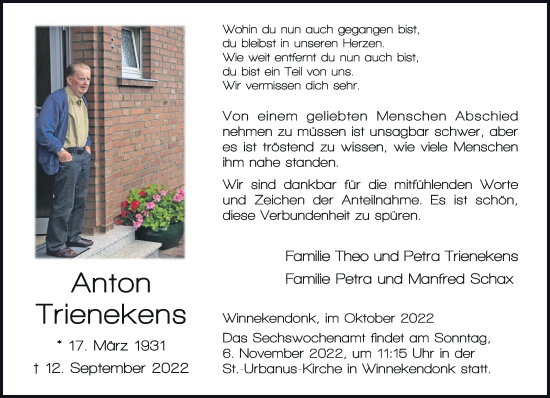Traueranzeige von Anton Trienekens 