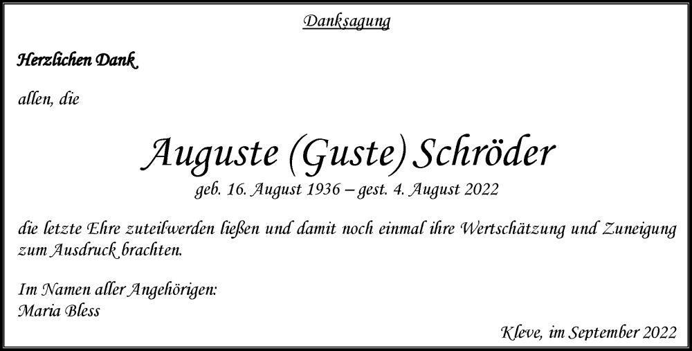  Traueranzeige für Auguste Schröder vom 01.10.2022 aus 