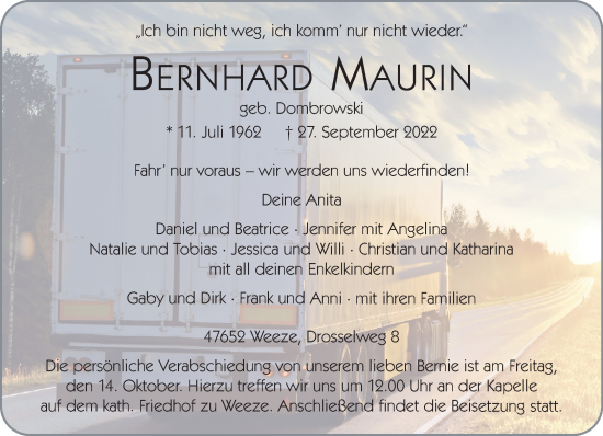 Traueranzeige von Bernhard Maurin 