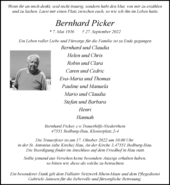 Traueranzeige von Bernhard Picker 