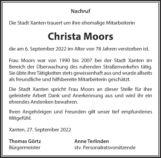 Traueranzeige von Christa Moors 