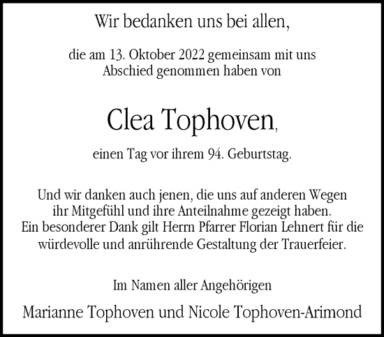 Traueranzeige von Clea Tophoven 