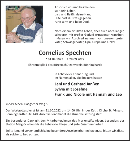 Traueranzeige von Cornelius Spechten 