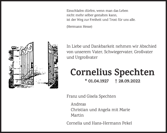 Traueranzeige von Cornelius Spechten 