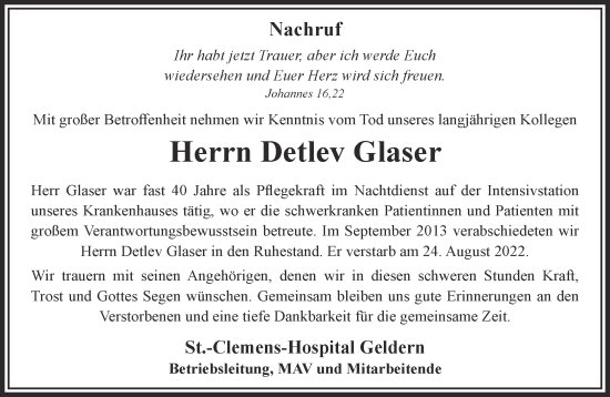 Traueranzeige von Detlev Glaser 