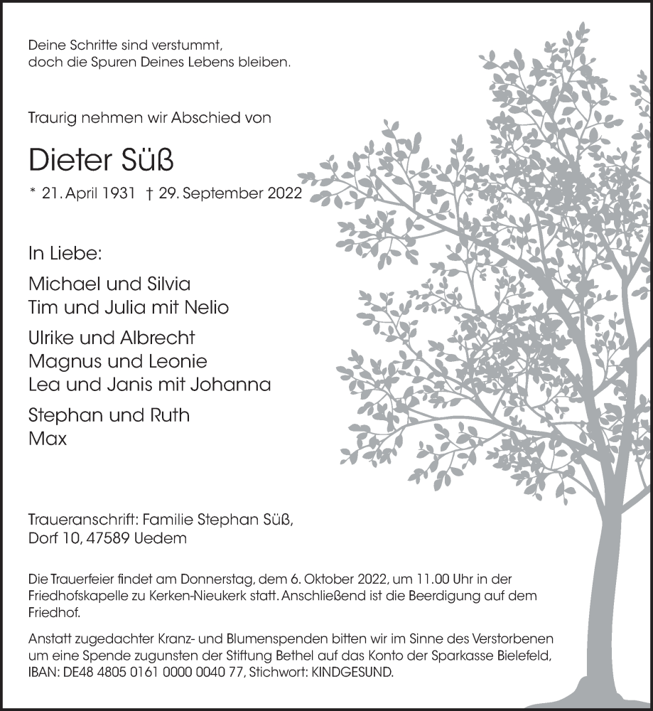  Traueranzeige für Dieter Süß vom 05.10.2022 aus 