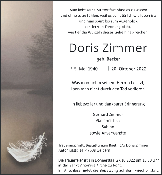 Traueranzeige von Doris Zimmer 