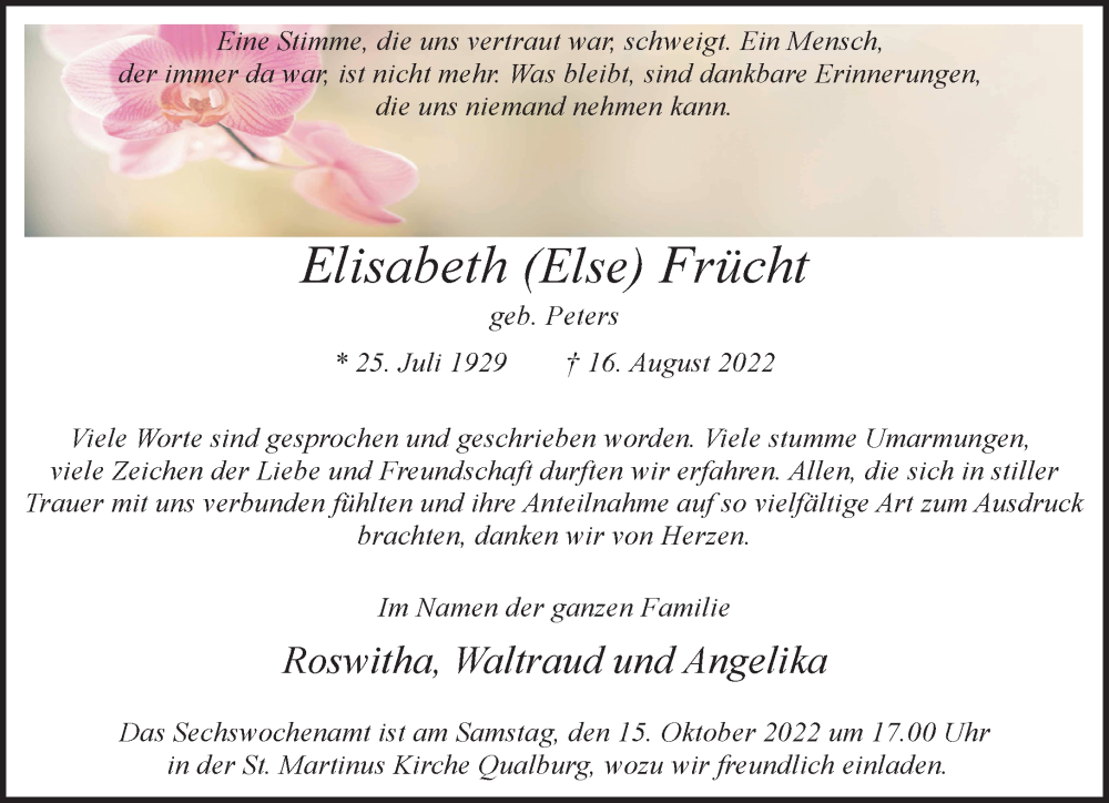  Traueranzeige für Elisabeth  Frücht vom 08.10.2022 aus 